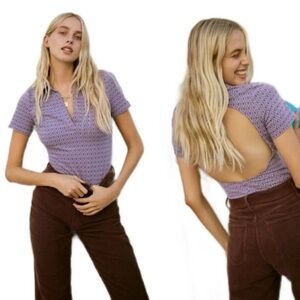 Zara Purple Geometric Patterned Bodysuit with Collar and v neck -Size XXL NWOT